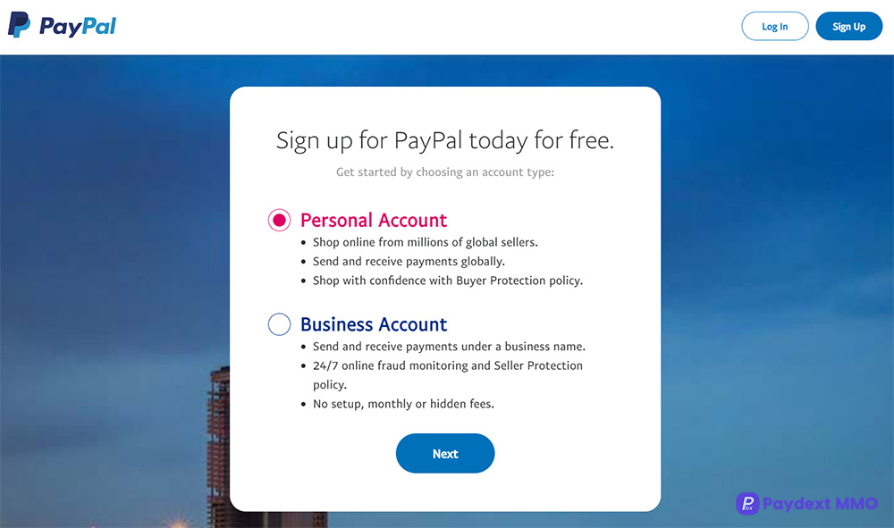 lựa chọn loại tài khoản đăng ký paypal